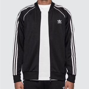 Adidas Men's Black Bomber Jacket with White Stripes